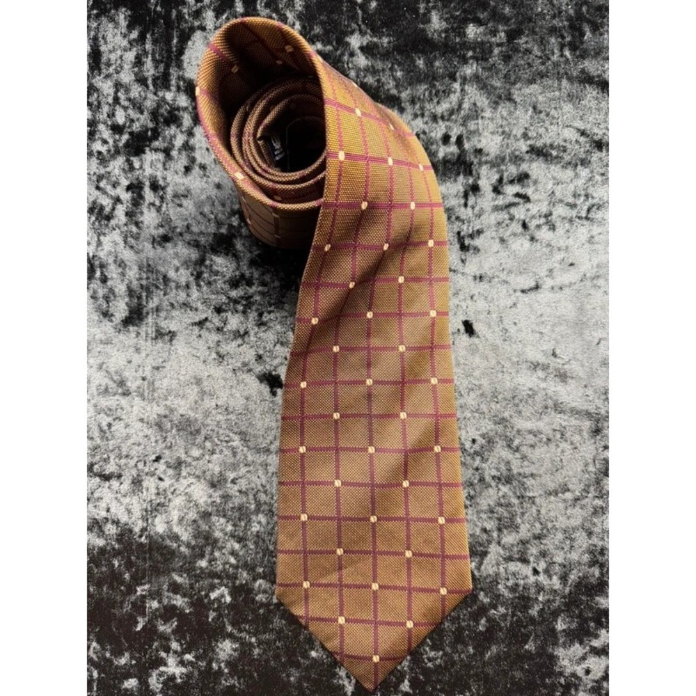 Nautica Men's 100% Silk Tie Brown Purple Grid Geometric Made Austria 4"